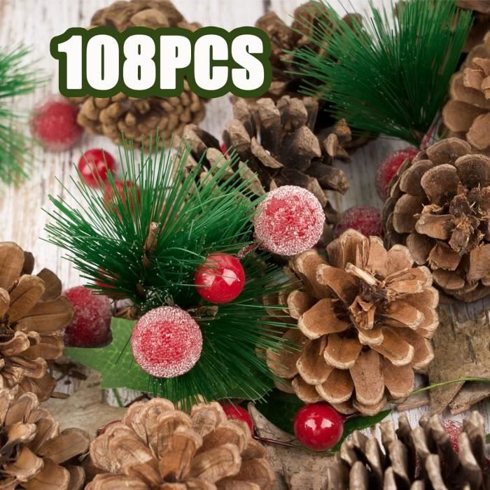 20 Branches Artificielles De Noël Avec Baies Rouges Et Pommes De Pin - Longueur ~10 Cm - Décoration Guirlande, Couronne, Cadeau