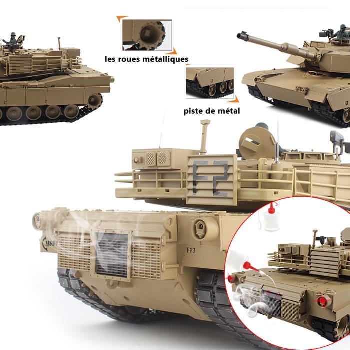 Char M1A2 Télécommandé 2.4GHz – échelle 1:18 – 360° Rotation, Tirs BB/eau, Fumée, Sons – Tout-terrain – Dès 8 Ans – 2 Batteries Incluses