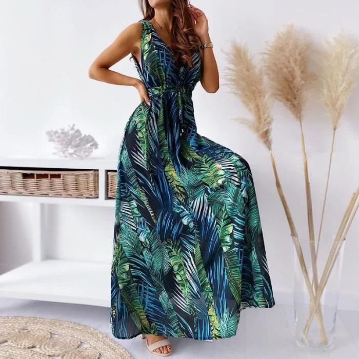Robe Boheme sans Manches a Col en V pour Femmes Robe Longue Hawaienne Decontractee pour L Ete Imprime de Dumpling Robe de Plage Vert Cdiscount Pret a Porter