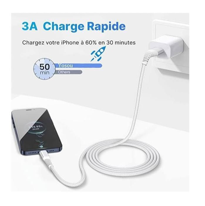 Lot 3 Câbles IPhone 2m Nylon Tressé Charge Rapide MFi Certifié - Bleu Orange Vert