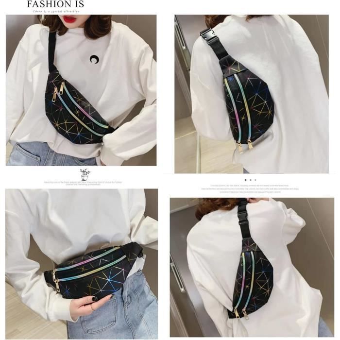 Sac Banane Noir Femmes Hommes Holographique Pu Sac Banane tanche