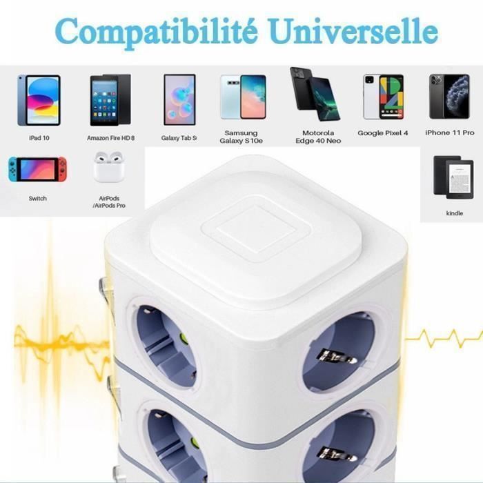 Tour multiprise parafoudre et surtension, Multiprise Electrique avec 5 Ports USB et 12 Prises, multiprise avec et 3 Interrupteurs, Blanc