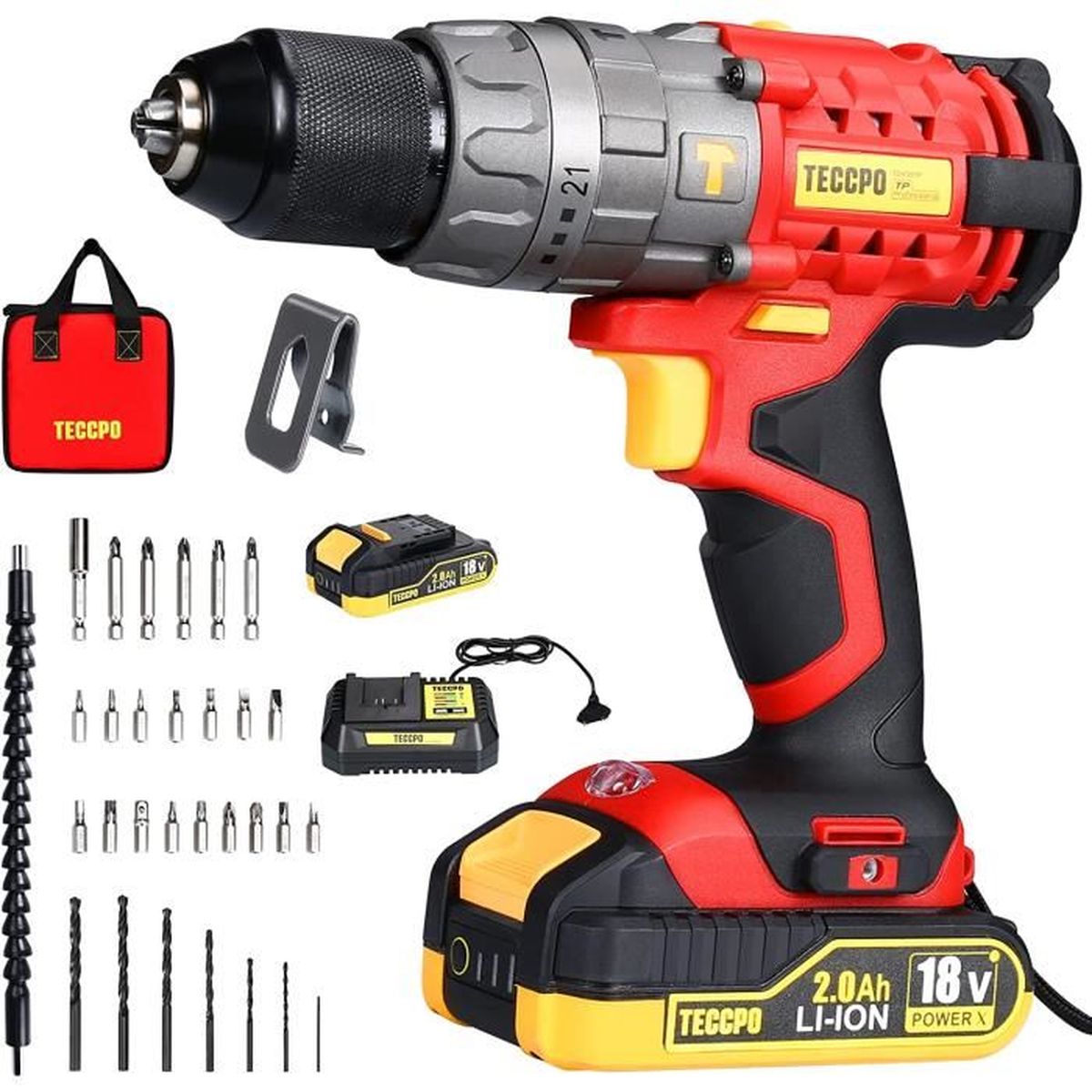 Perceuse Visseuse sans Fil, TECCPO Perceuse a Percussion 60Nm, 30min Rapide Chargeur, 2×2.0Ah