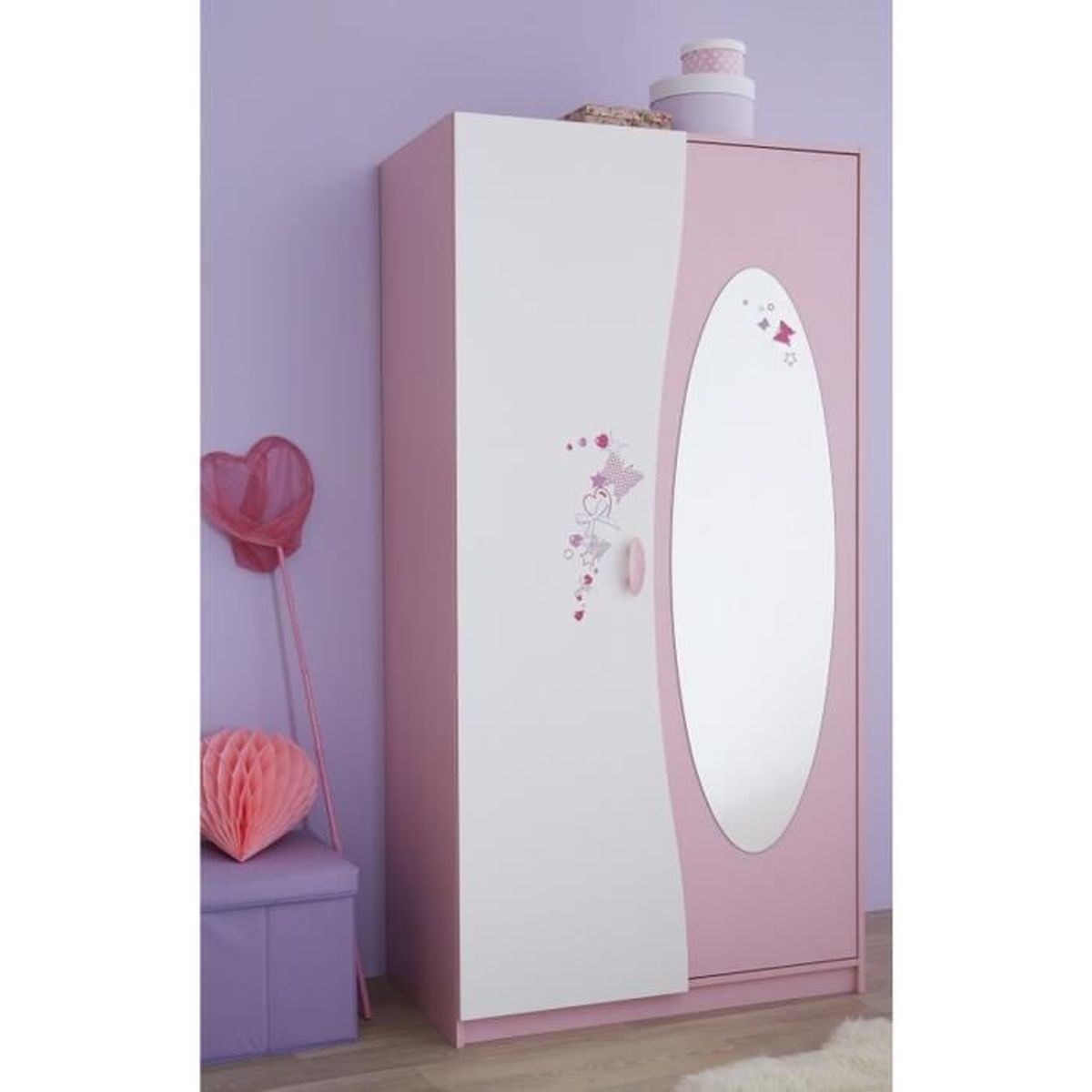 Armoire Enfant 2 Portes Miroir Rose Orchidee Blanc Perle Sonia