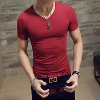 T Shirt Homme Mode V-Col Couleur Unie Manche Courte Pour Homme Casual Marque Luxe Coton Tee Slim Fit Homme - rouge NYSTORE