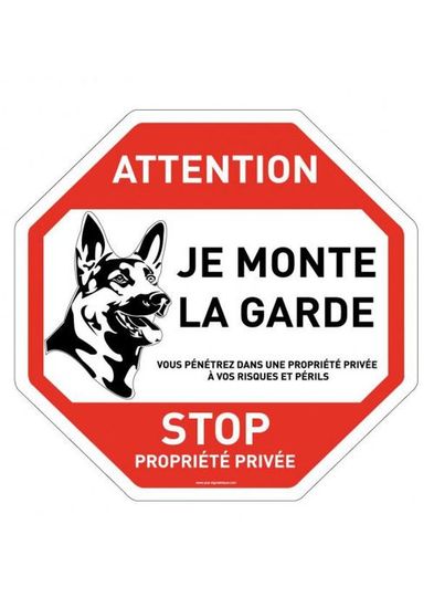 Cartel Propiedad Privada Con Perro "Je Monte La Garde" - Aluminio Dibond 3mm, 420x300 Mm