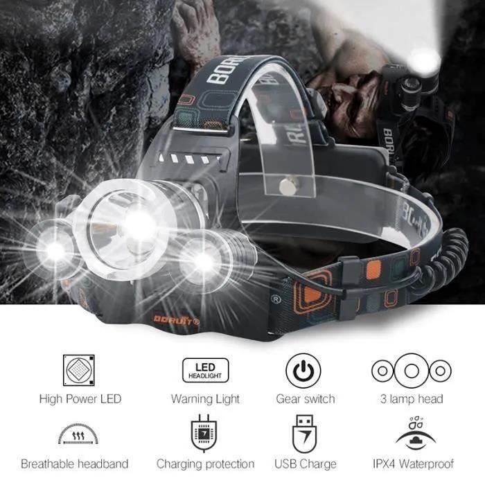 Lampe Frontale Super Puissante de,Lampe Torche Frontale Ampoules LED avec 2pcs 18650 Batteries et USB Câble