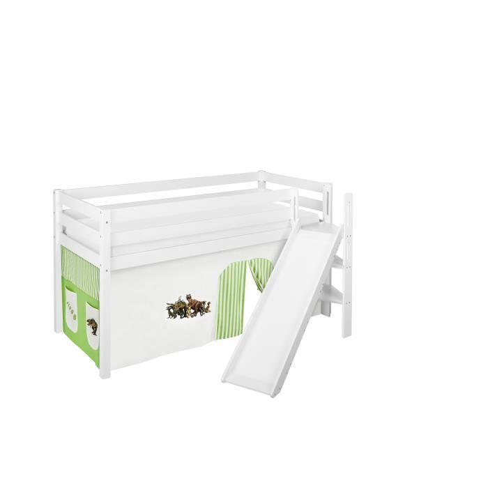 Lit surélevé ludique JELLE 90x200 cm Dinos vert beige - LILOKIDS - blanc laqué - avec toboggan incliné et rideaux