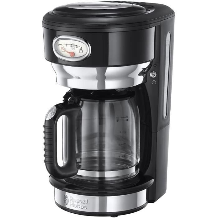 Russell Hobbs Machine à Café, Cafetière Filtre 1,25L 1000W, Rapide, Plaque Chaude, Design Vintage - Noir 21701-56 Retro