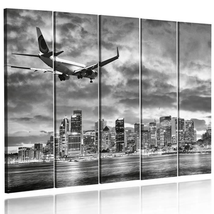 Tableau déco multi panneaux mural XXL impression sur toile NEW YORK AVION NOIR ET BLANC