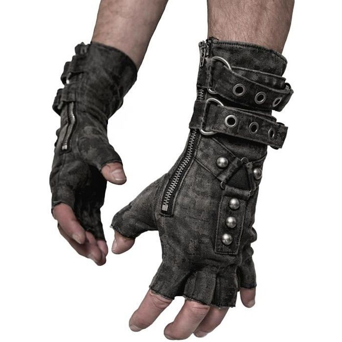 Mitaines grises effet cuir avec rivets argenté et sangles, steampunk mad max, punk rave - taille homme S/L Gris