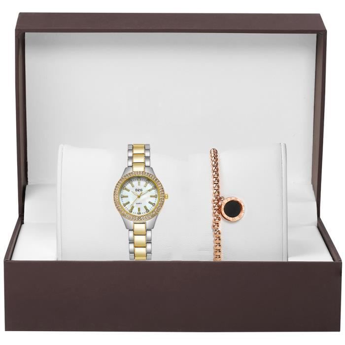 Coffret cadeau montre femme , montre à quartz élégante + bracelet de luxe, bracelet en acier inoxydable doré