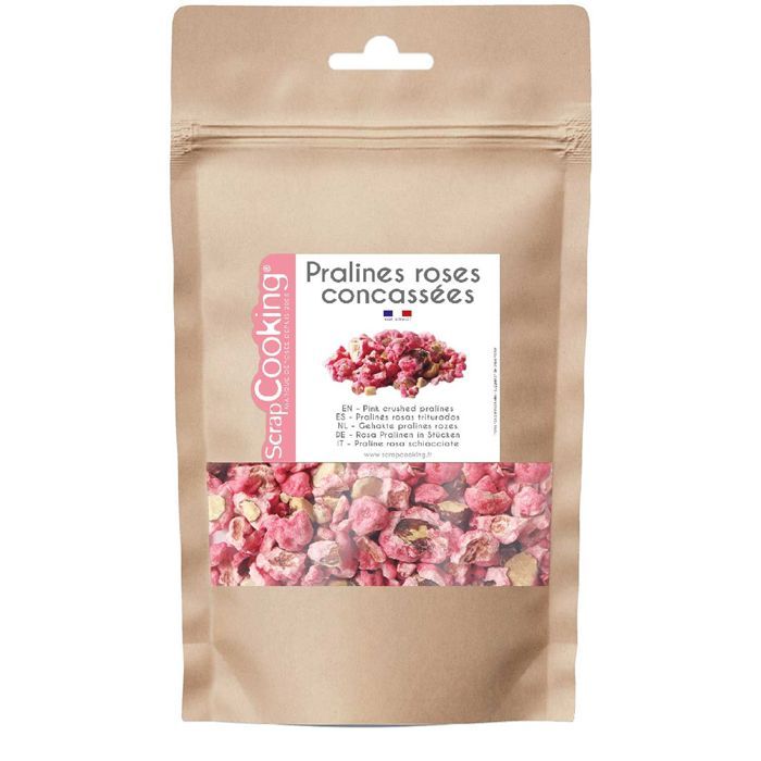 Pot de pralines roses concassées de 145g à utiliser dans toutes vos pâtisseries.