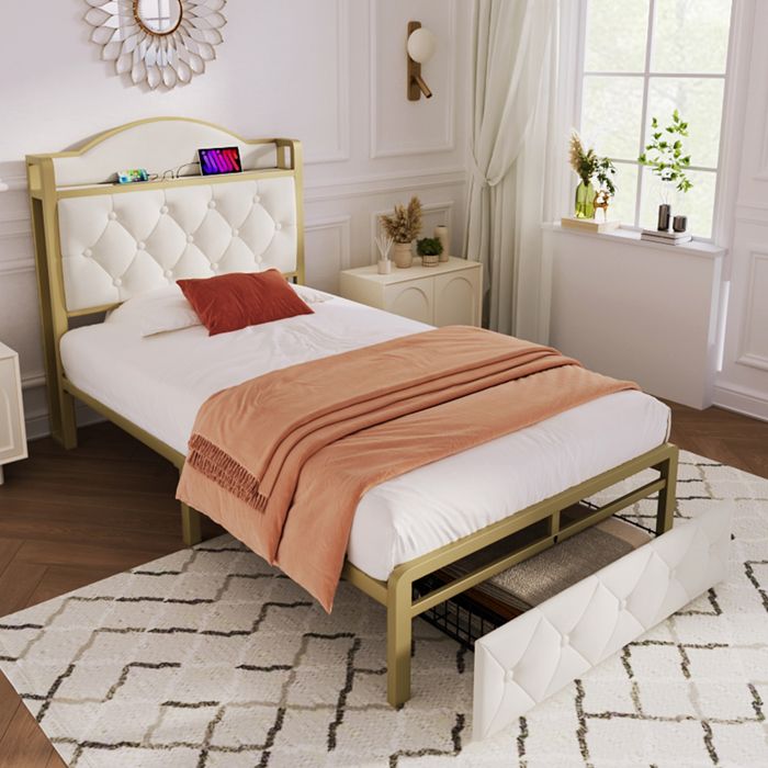 lit simple 90x200 cm avec tiroirs, tête de lit avec chargement usb type c, cadre de lit en fer à lattes, velours, beige
