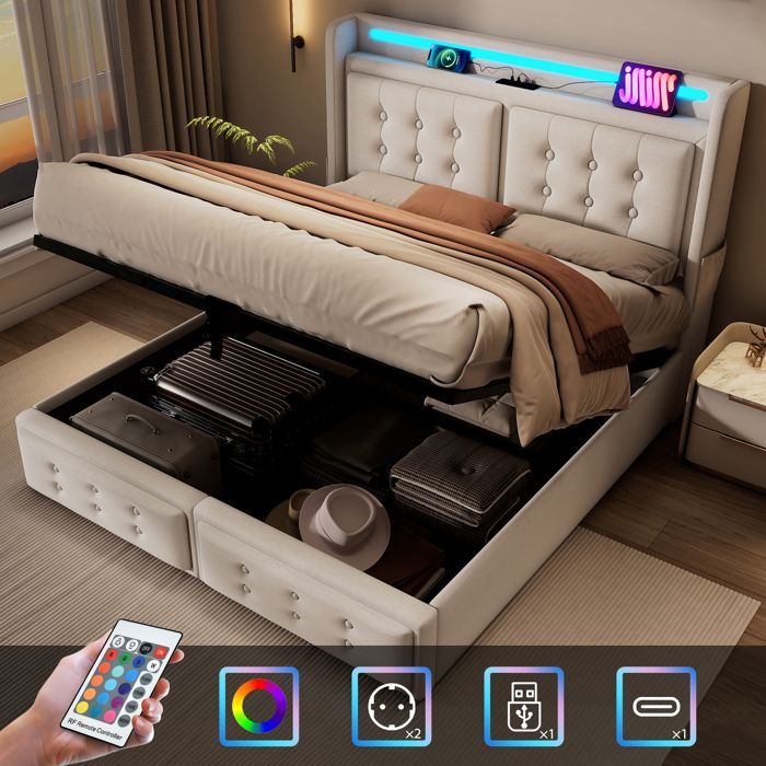 Lit 160x200 avec Sommier Coffre de Rangement LED et USB C Lit 2 Personnes Adulte Tête de Lit de Chargement Coton Lin Beige