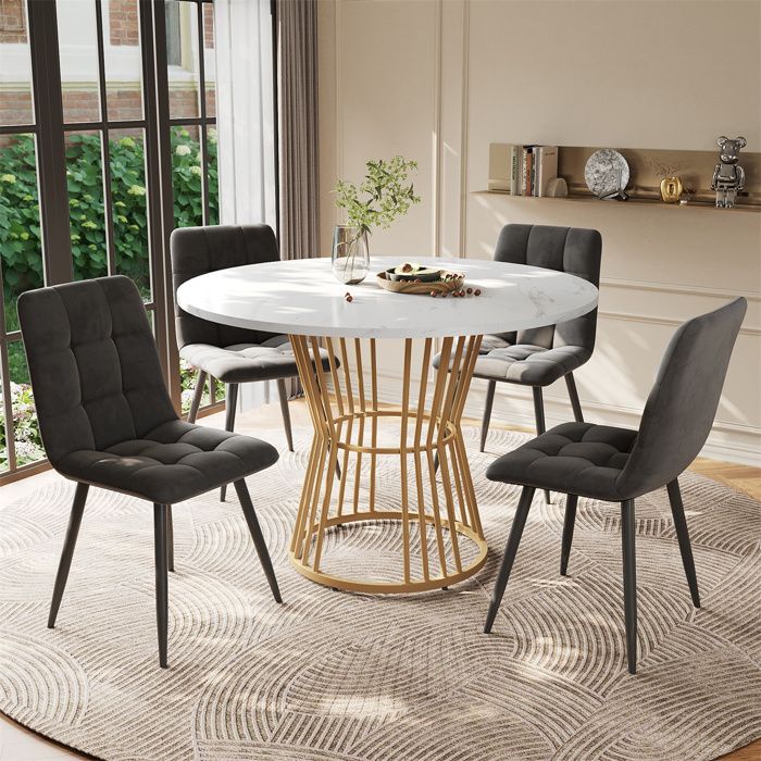 Table a Manger avec 4 Chaises Table Ronde Salle Manger 100 cm Avec Pieds en Métal Doré Plateau en MDF Blanc Chaise Velours Gris