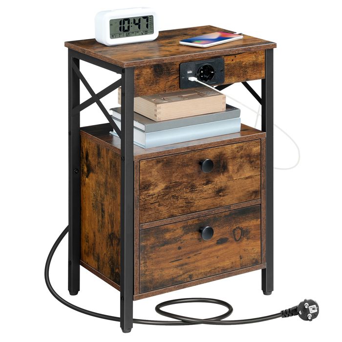 HOOBRO Table de Chevet Table Basse avec Deux Tiroirs Table de Canapé avec Station de Charge Espace de Stockage multicouche