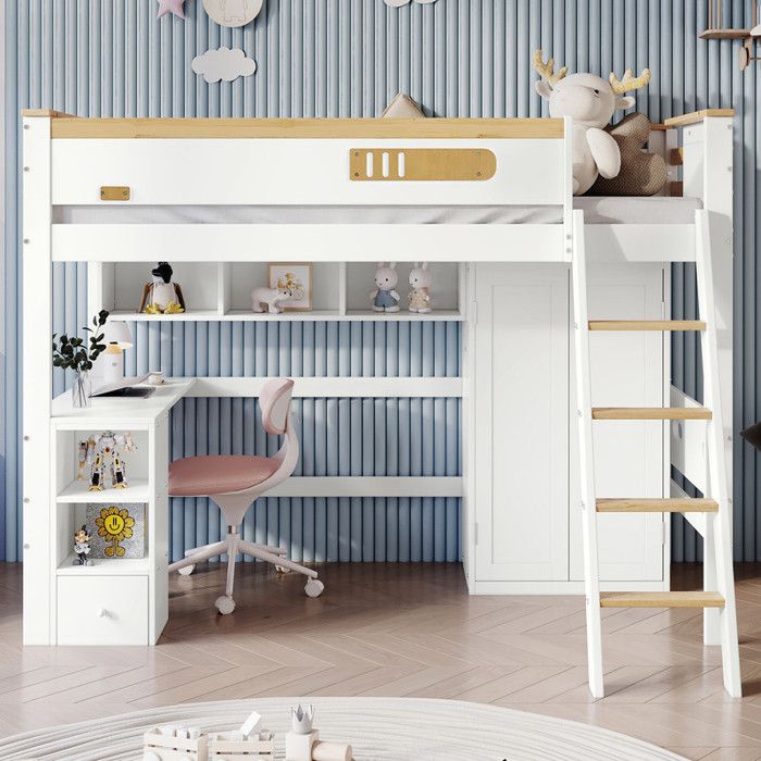 Lit Mezzanine Enfant 3-en-1 - Bureau & Armoire - Sécurité 4 Côtés - Bois FSC - 90x200cm - Blanc/Naturel