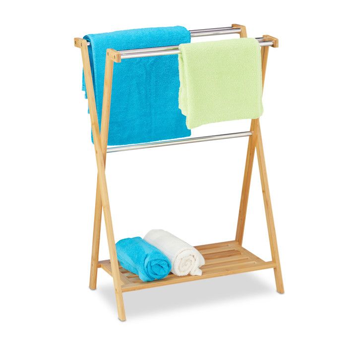 Relaxdays Porte-serviettes sur pieds 5 barres bambou acier inoxydable support à lavettes de salle de bain 87x58 5x36 cm nature