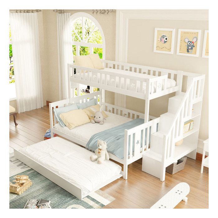 Lit superposé 90x200/140x200 cm avec lit gigogne Lit double avec cadre de lit Lit enfant avec escalier de sécurité Blanc