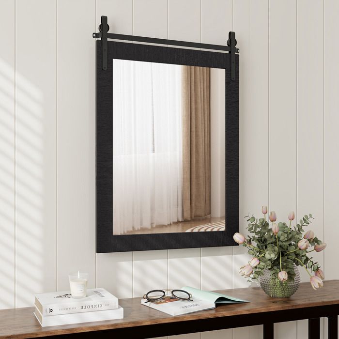 Miroir Mural Rustique 76 x 56 cm COSTWAY Cadre en Bois Massif Miroir Décoratif Rectangulaire pour Couloir Salon Chambre Noir