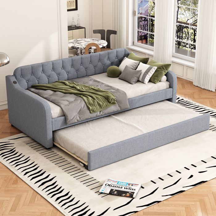 Canapé lit 90x200cm - Avec lit gigogne - Port USB - Lin - Gris (matelas non inclus) Canapé lit 90x200cm - Avec lit gigogne - Port USB - Lin - Gris (matelas non inclus)