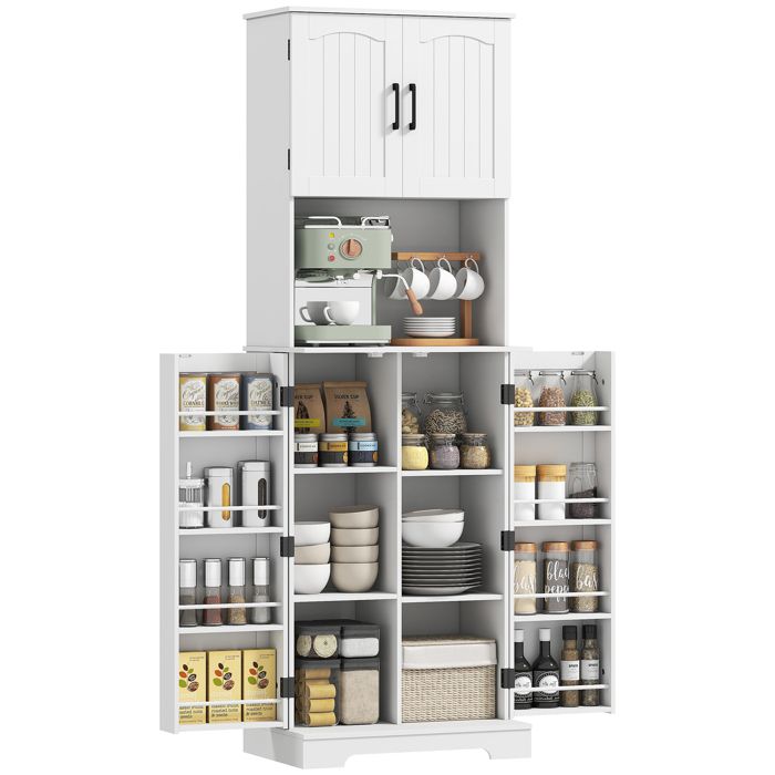 Buffet haut cuisine - HOMCOM - 4 portes plan de travail 8 porte-épices et étagères réglables - MDF - 60x40x181 5cm - blanc Buffet haut cuisine - HOMCOM - 4 portes plan de travail 8 porte-épices et étagères réglables - MDF - 60x40x181 5cm - blanc
