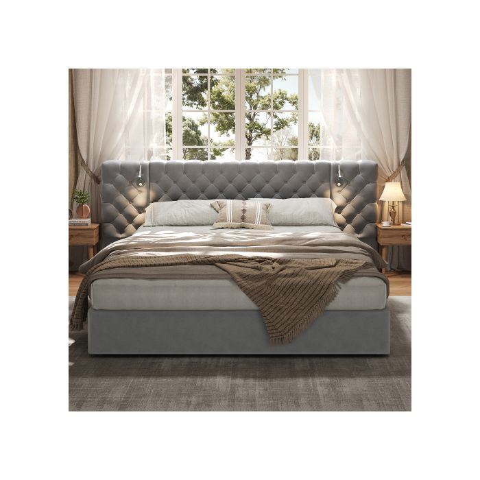 Lit rembourré king size - 150 x 200 cm coffre de rangement hydraulique hors tables de chevet et matelas finition velours gris