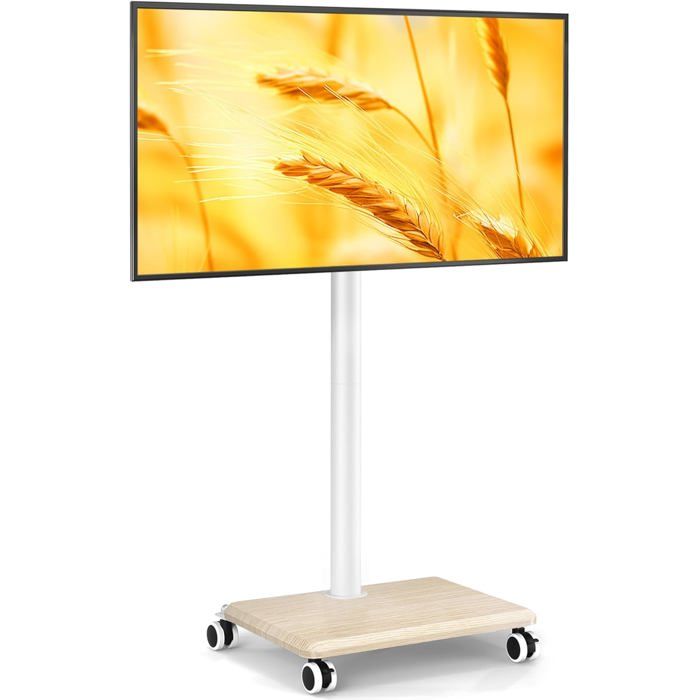 Support TV 5Rcom Mobile Réglable en Hauteur 27-55 Pouces Blanc avec Base en Bois