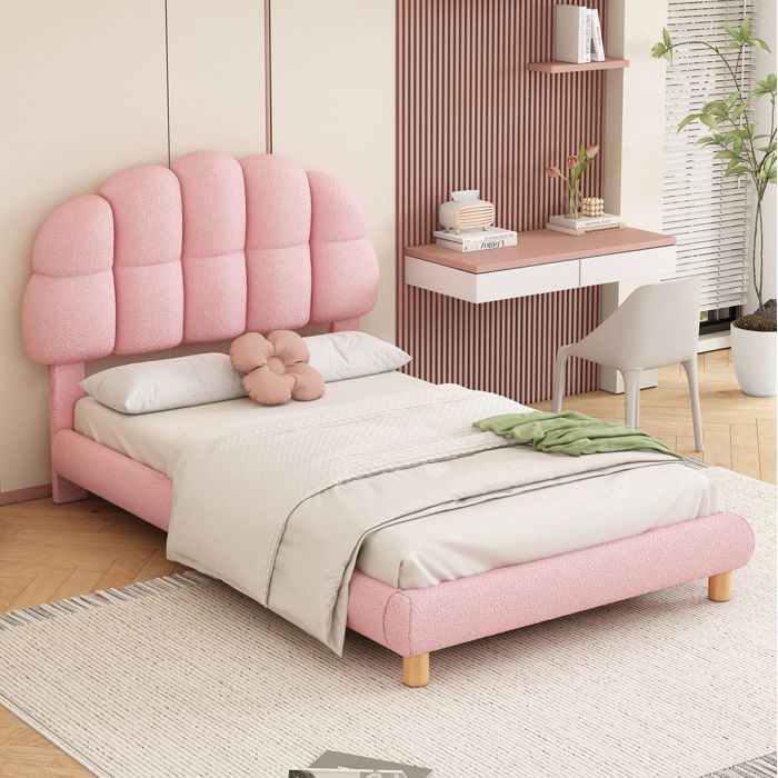 Maisentiel Lit enfant une place 90 x 200 cm rose en tissu bouclé tête de lit réglable et sommier à lattes