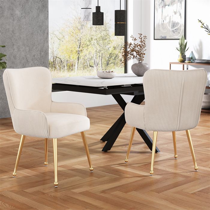 Lot de 2 Chaises de Salle à Manger - Dossier et Accoudoir - Chaise de Cuisine - Tissu en Velours - Pieds en Métal Doré - Beige