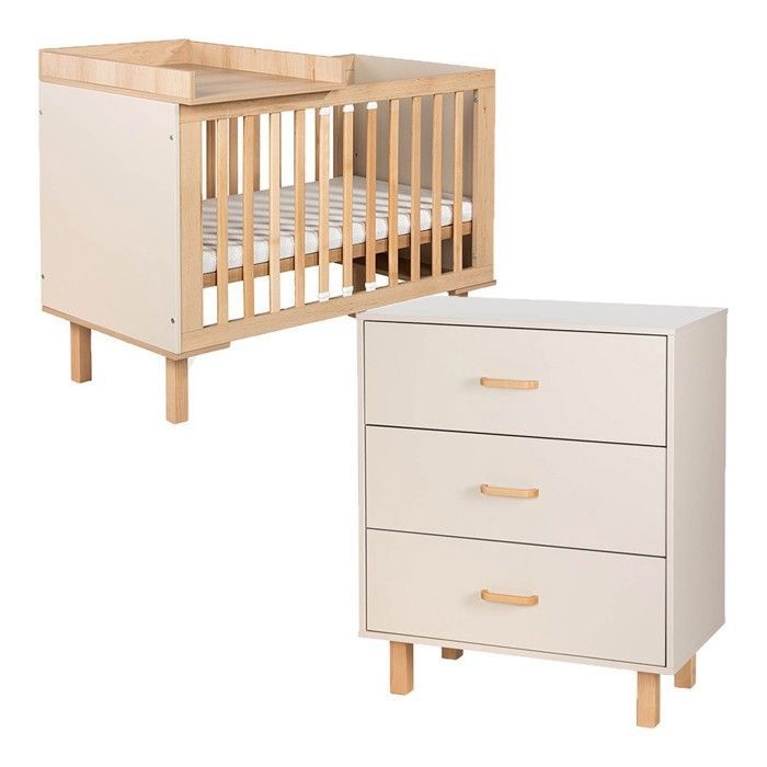 LAURA Ensemble bébé commode et lit évolutif 120x60 Champagne + plan à langer lit