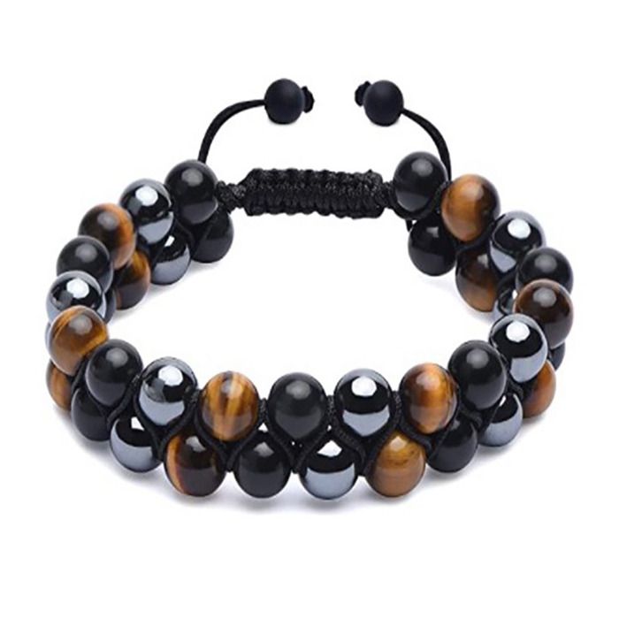 Bracelet Oeil de Tigre Double Couche Cordon Extensible Réglable Perles de Pierre Noire 8mm pour Hommes Femmes