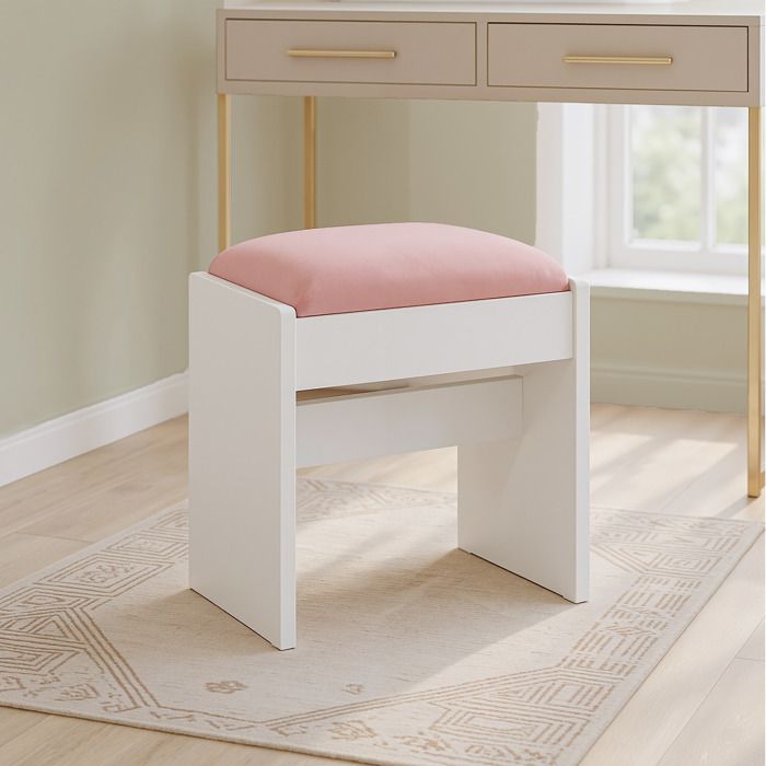 Tabouret de Coiffeuse de Maquillage Rembourré en Velours avec Patins Antidérapants pour Salle de Bain Chambre Blanc et Rose