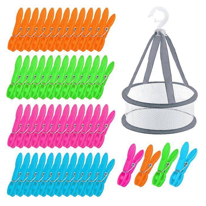 48 Pièces Epingle a Linge Pince a Linge avec Panier de Rangement Plastique Coloré Pince Serviette Plage Coupe-Vent