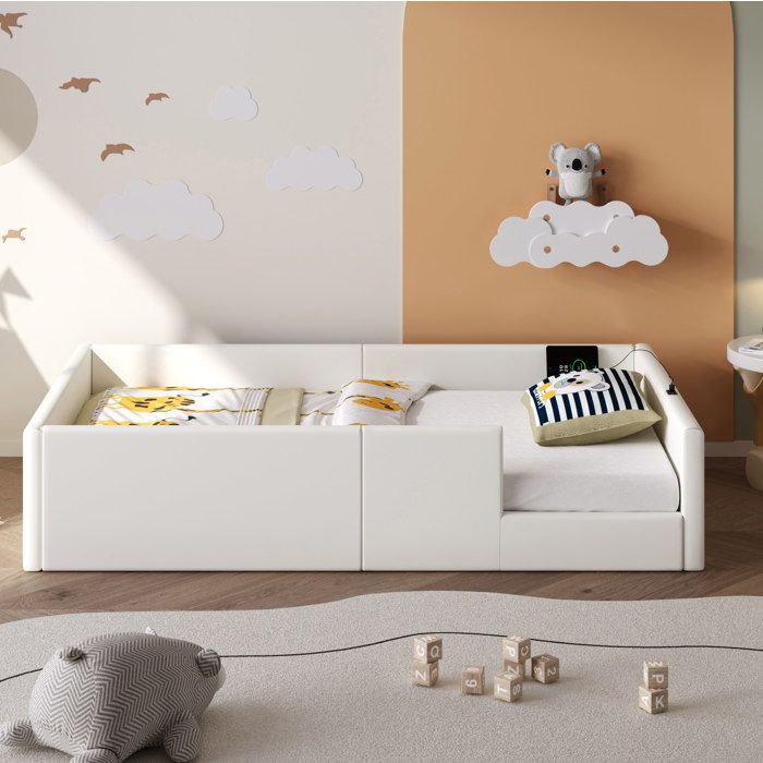 Lit enfant rembourré 90 × 200 cm avec barrières de sécurité et station de charge
