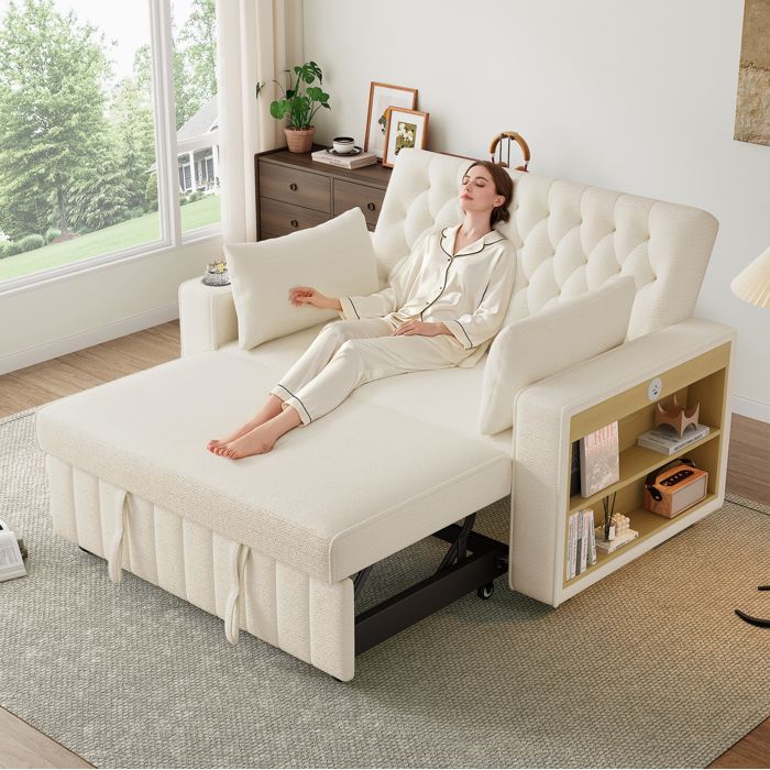 Canapé convertible 2 places beige en chenille dossier 3 positions rangement et ports USB