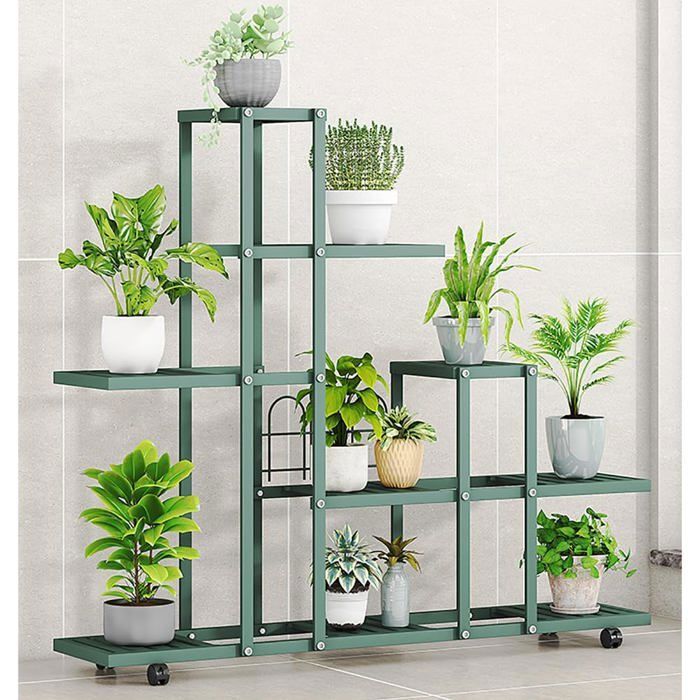 Étagère à Fleurs Angle Fer Forgé Noir Support Plante 3 Niveaux Roulettes Blocables Étagère Intérieur Extérieur H9036 Vert