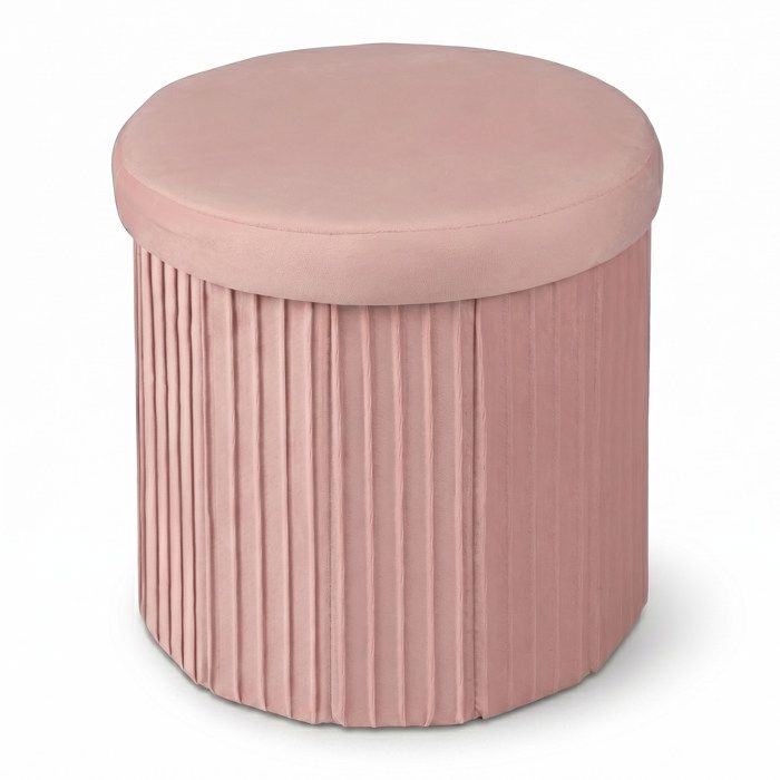 Relaxdays - Pouf rond en velours rose rembourré pliable avec rangement H x P: 38 x 38 cm