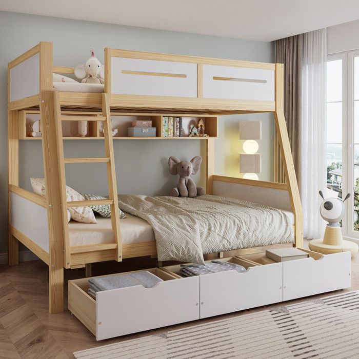 Lit superposé enfant 90 x 200 cm avce trois tiroirs à roulettes pupitre à livres dimages de 2 m échelle escamotable(Sans Matelas)
