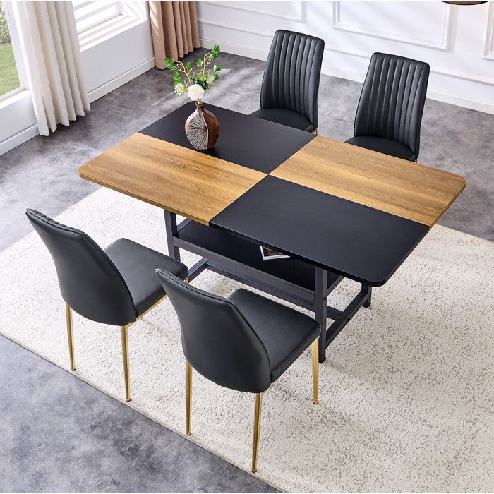 MEUVYX Table de Salle à Manger pour 4 Personnes avec 4 Chaises en Similicuir PU Noir Étagère Intégrée 160 × 90 × 76 cm