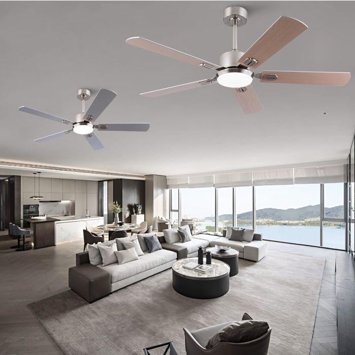 Ventilateur De Plafond LED dimmable 52 Pouces 6 vitesses télécommande bois et métal nickel