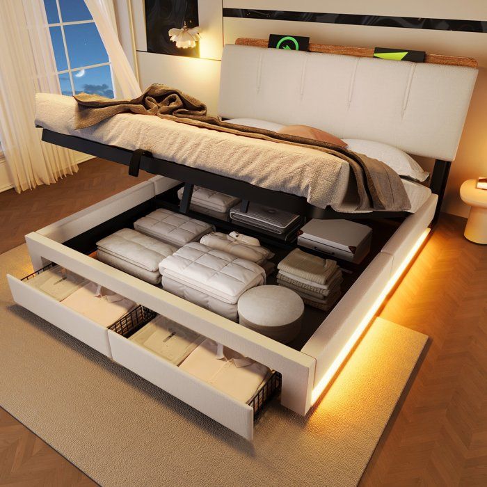 Lit Coffre Double 140x200 cm Lit Rembourré avec LED USB-C Tiroirs Tête de Lit Rangement Ouverture Hydraulique - Tissu Lin - Beige
