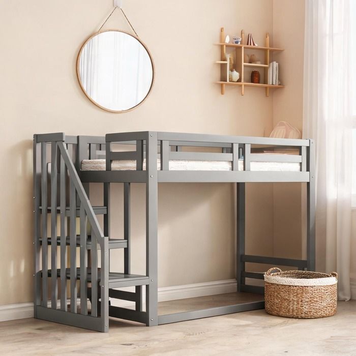 Lit enfant superposé bas en pin massif gris ardoise 90x200 cm avec échelle de sécurité et rangement intégré