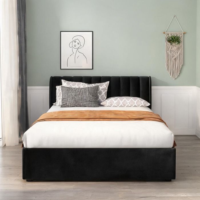 Lit coffre 160x200 cm en velours noir avec sommier à lattes tête de lit et 2 tiroirs de rangement