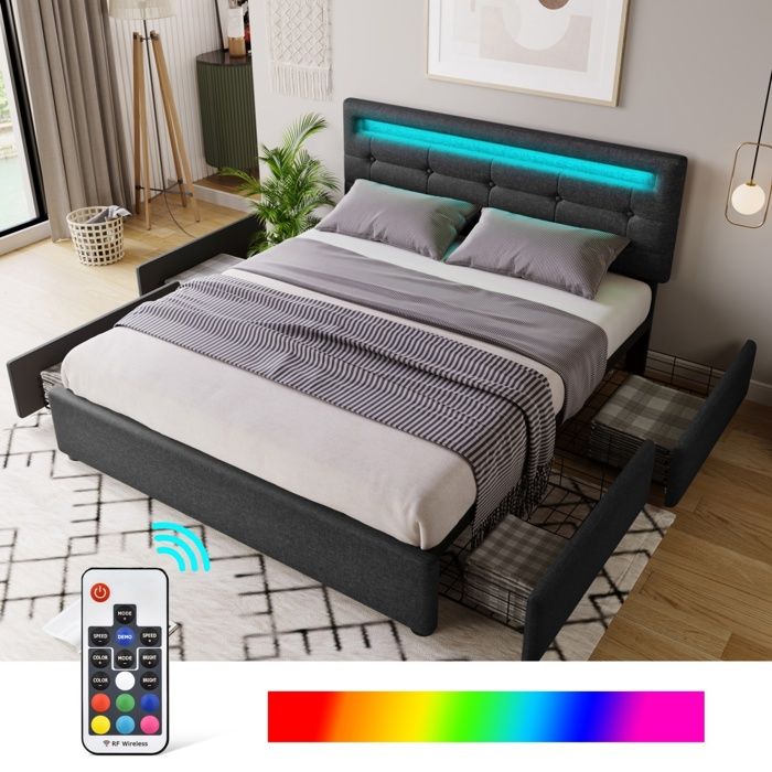 Bladez - Lit Double 140x200cm en Lin avec Tête de Lit LED Réglable et 4 Tiroirs de Rangement sur Roulettes -Noir