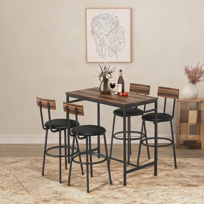 Set de table haute en bois et métal brun style industriel pour cuisine 5 pièces