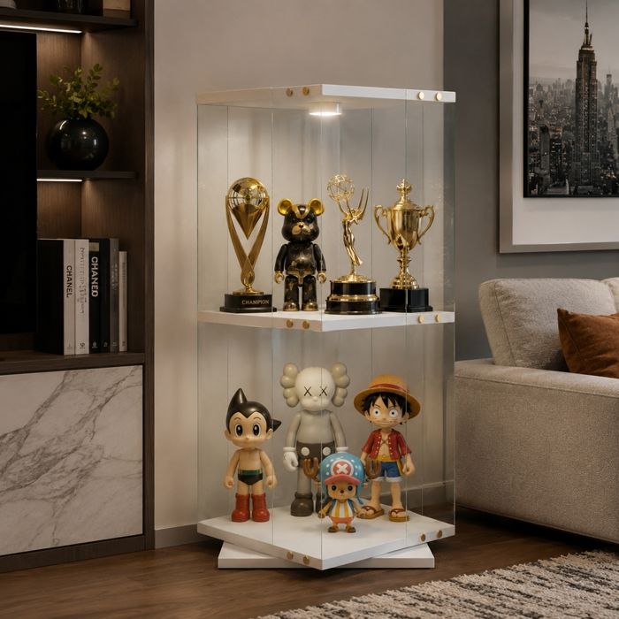 Vitrine tournante en verre avec LED - Vitrine en verre 2 etageres - Verre trempé - Verre vitrine de collection pour salon - Blanc