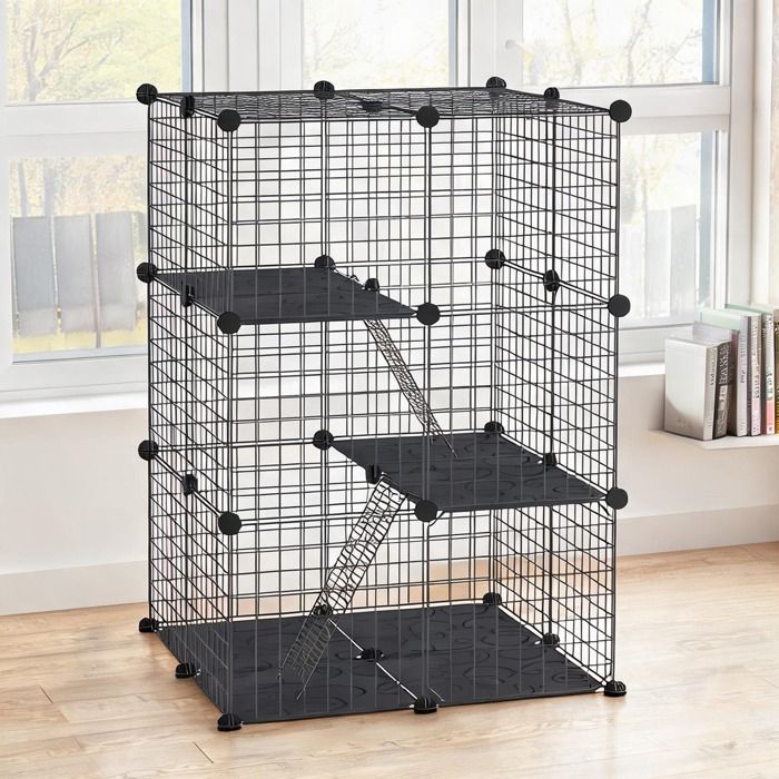 Cage modulable 3 niveaux pour rongeurs structure acier noir 39 panneaux 70 x 70 x 105 cm
