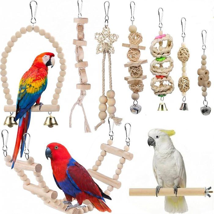 Lot de 9 Jouets pour Oiseaux Perroquet et Oiseau Activité avec Bançoire Échelle Cloche et KIT JOUET